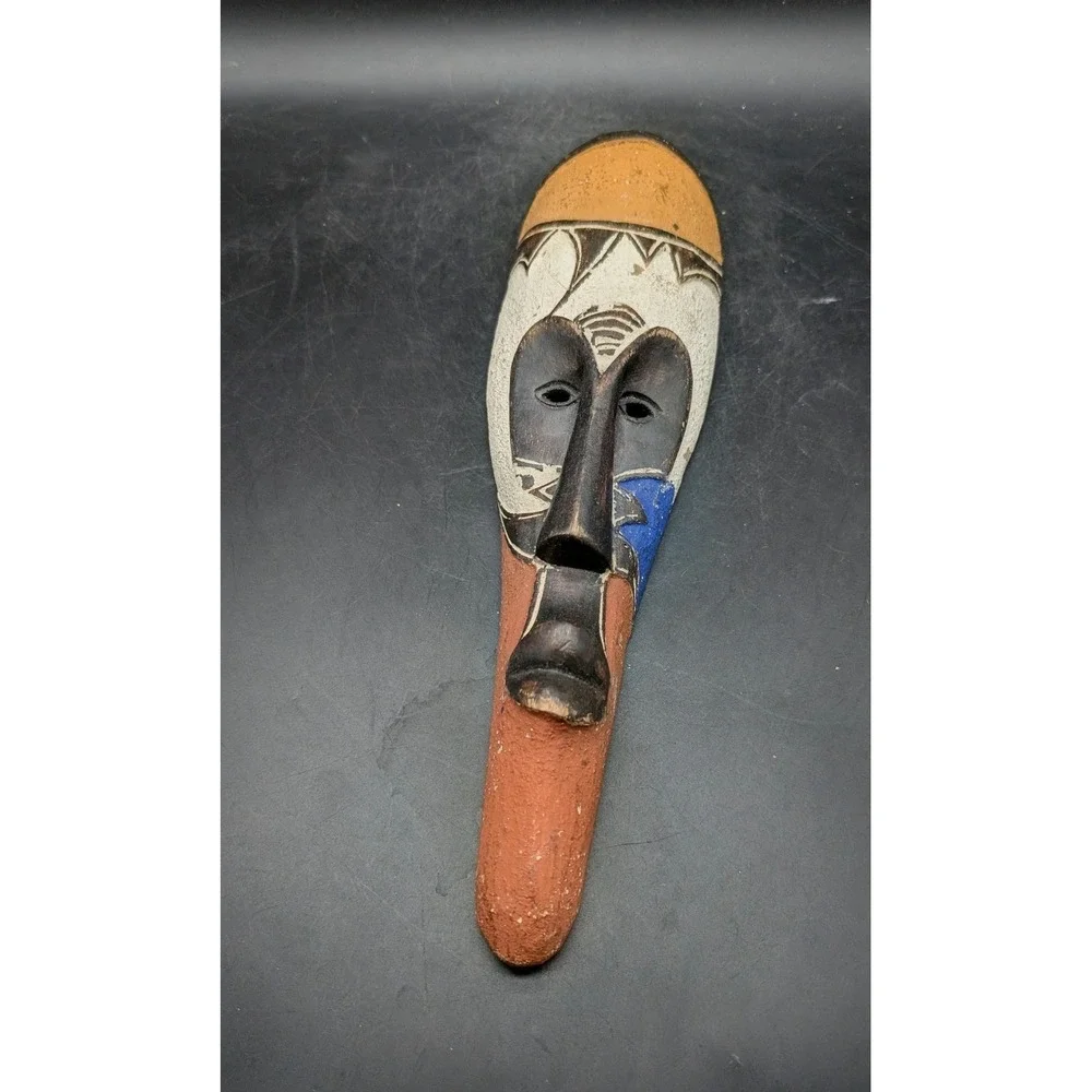 Hand Carved African Tribal Wooden Wall Mask Elongated Painted Decorative Art 11